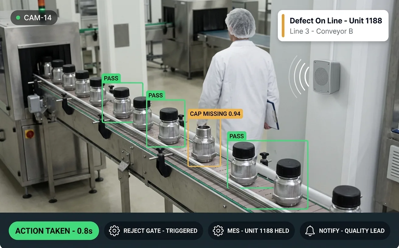 Vision AI detecting a missing cap on a production line and triggering the reject gate