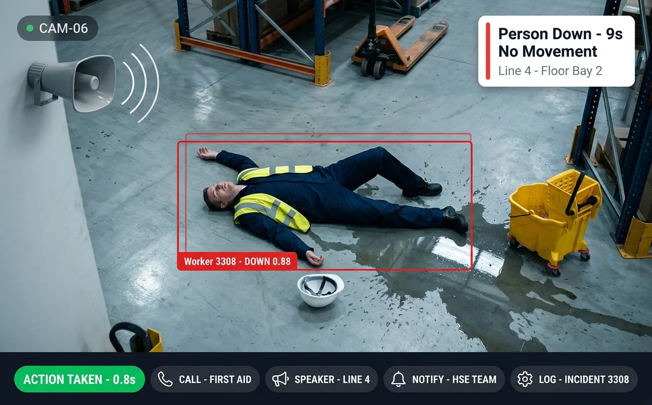 Vision AI detecting a worker down after a slip on a spill