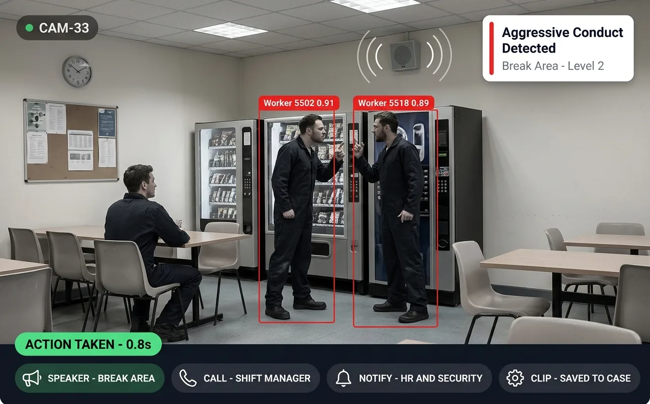 Vision AI detecting aggressive conduct between two workers in a break area